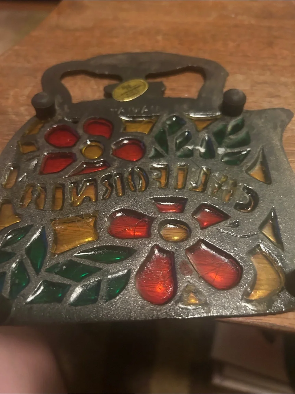 vintage California Floral Metal Trivet with Stained Glass Insets